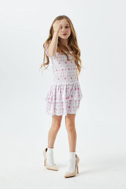 Lexi English Rose - Resort Satin Smocked Short Sleeve Ruffle Dress