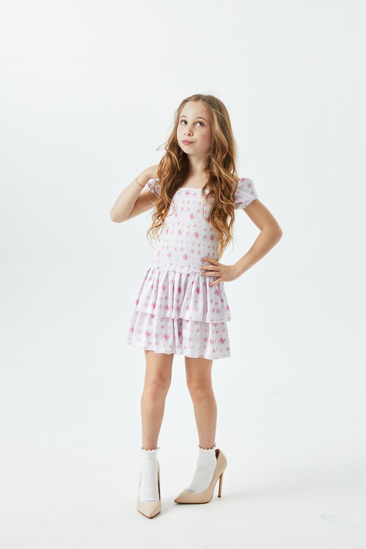 Lexi English Rose - Resort Satin Smocked Short Sleeve Ruffle Dress
