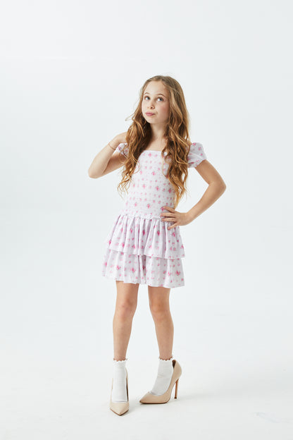 Lexi English Rose - Resort Satin Smocked Short Sleeve Ruffle Dress