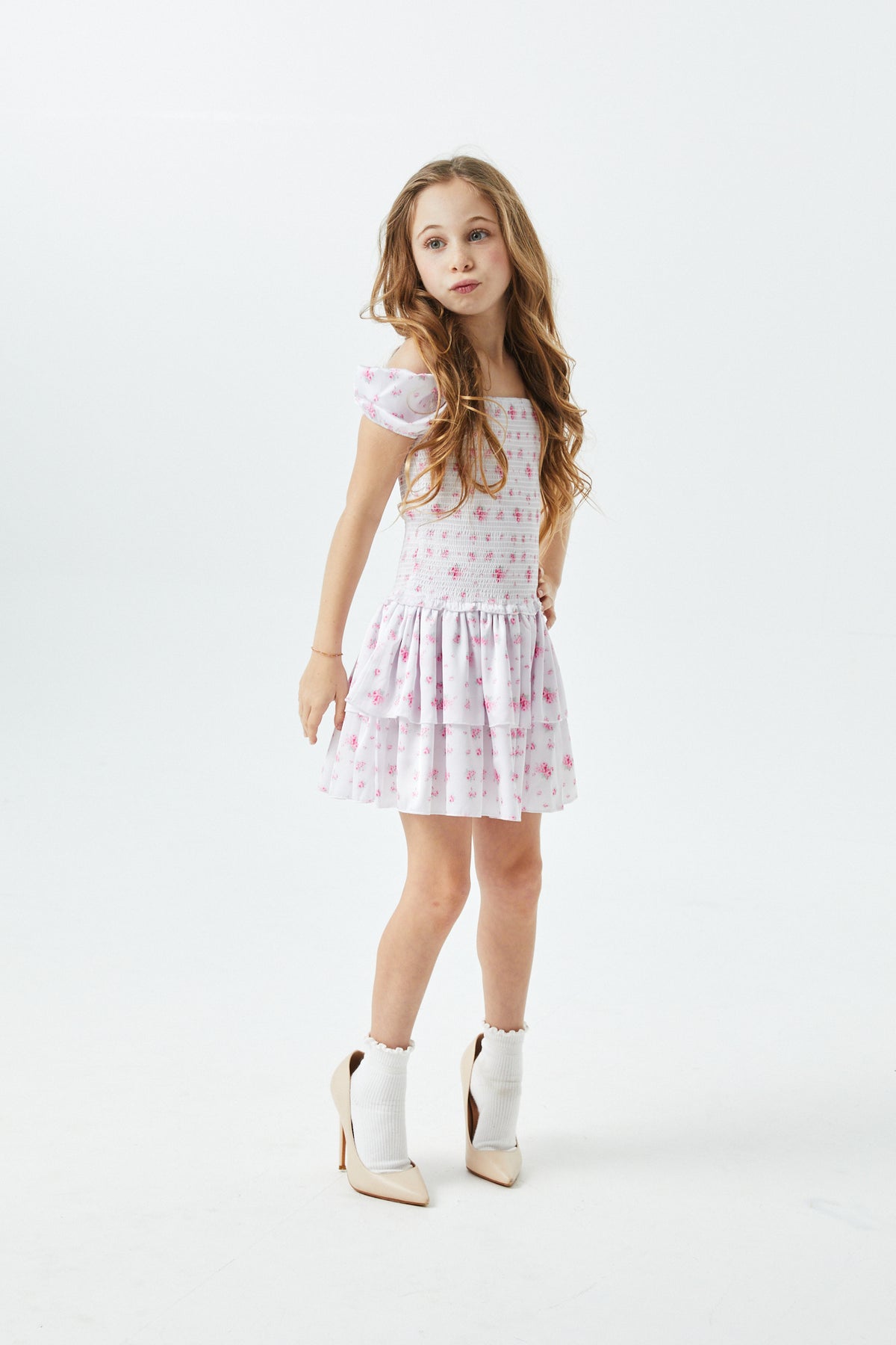 Lexi English Rose - Resort Satin Smocked Short Sleeve Ruffle Dress