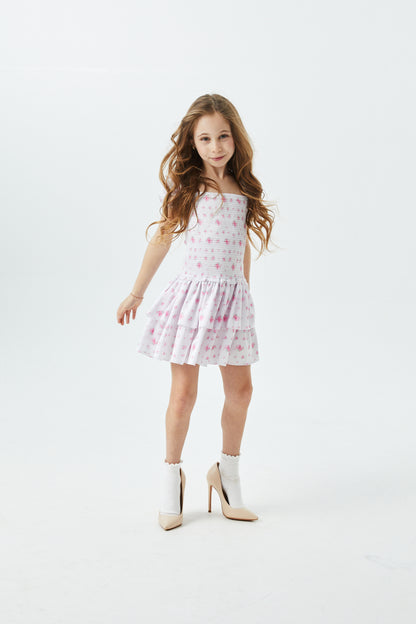Lexi English Rose - Resort Satin Smocked Short Sleeve Ruffle Dress