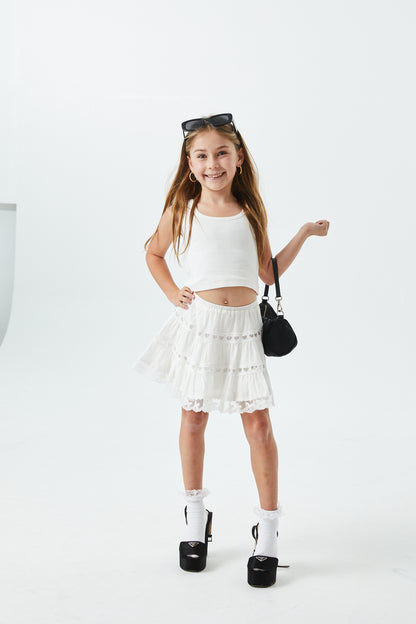 Sofia White Cotton Lace Heart Bow Lace Mini Skirt