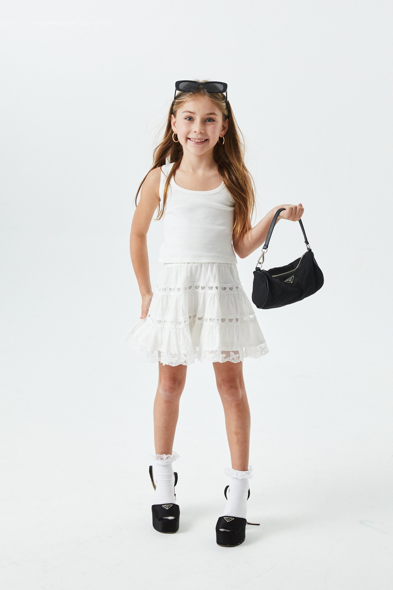 Sofia White Cotton Lace Heart Bow Lace Mini Skirt
