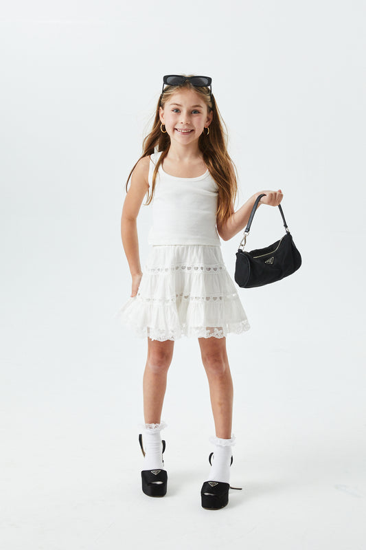 Sofia White Cotton Lace Heart Bow Lace Mini Skirt