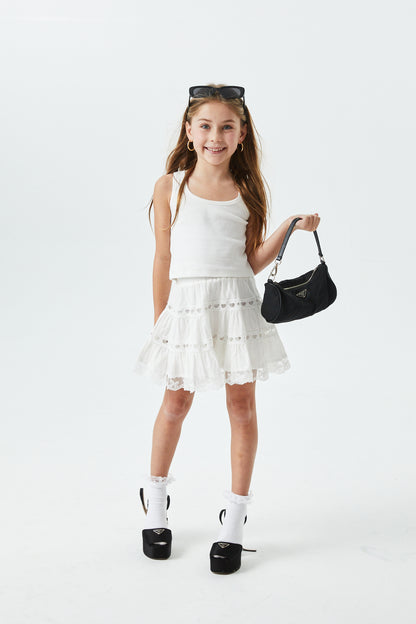 Sofia White Cotton Lace Heart Bow Lace Mini Skirt