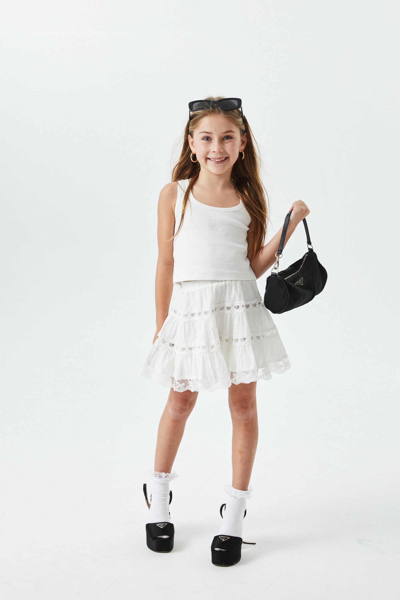 Sofia White Cotton Lace Heart Bow Lace Mini Skirt