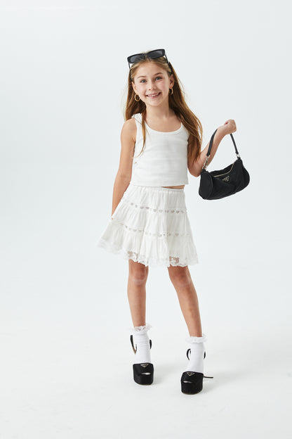 Sofia White Cotton Lace Heart Bow Lace Mini Skirt