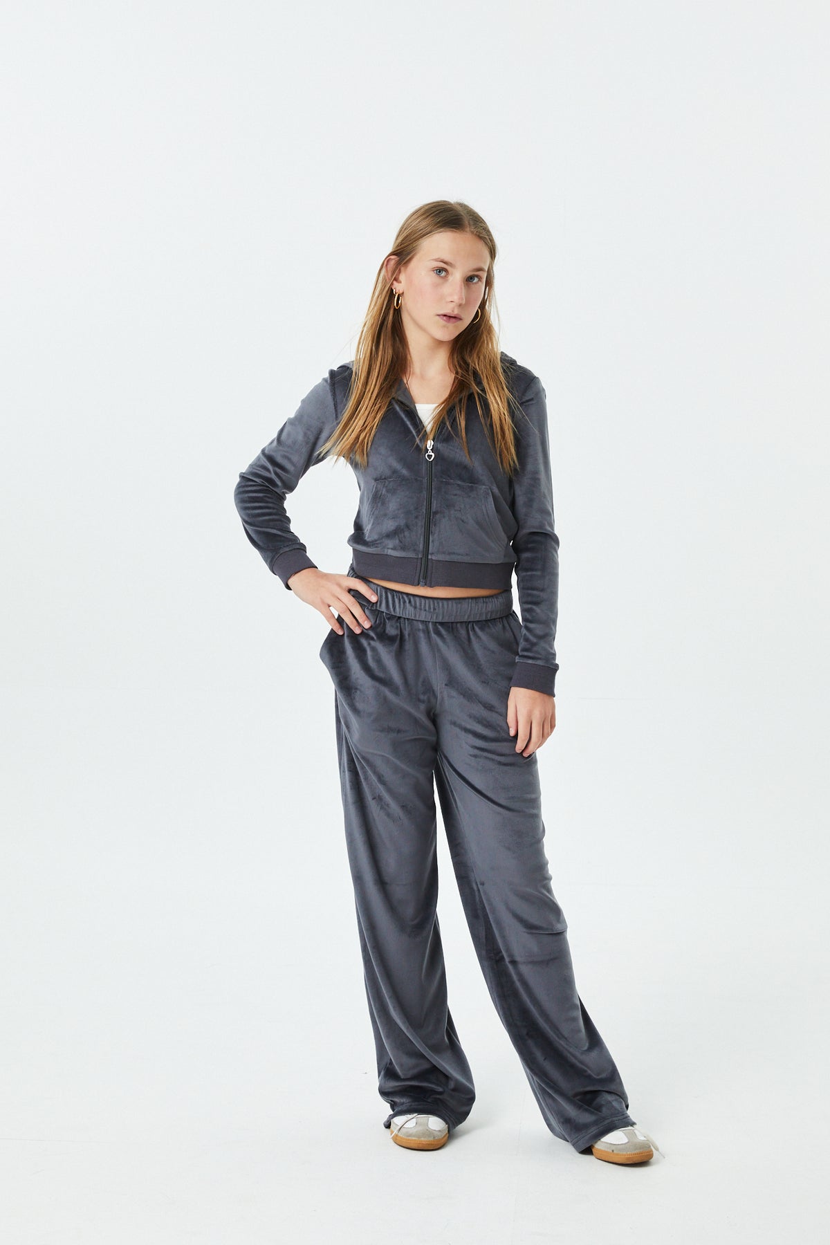 Ash Grey Stretch Velour Wide Leg Pant