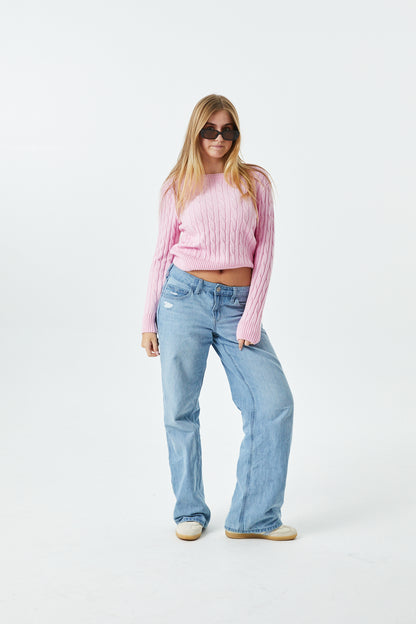 Leighton Light Pink Cable Knit Sweater Cable Knit Pullover With Heart Arrow Embroidery