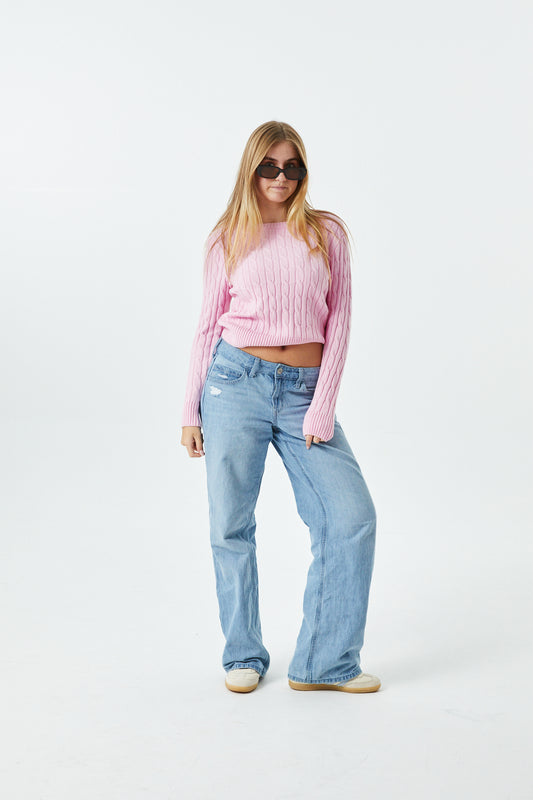 Leighton Light Pink Cable Knit Sweater Cable Knit Pullover With Heart Arrow Embroidery