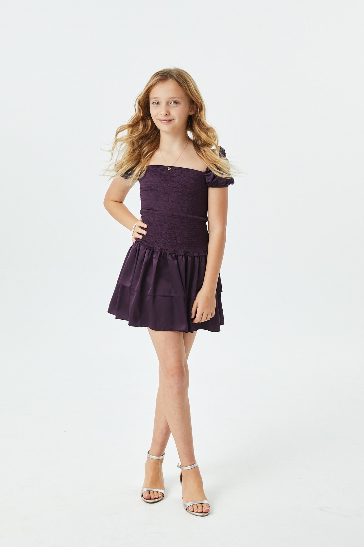 Lexi Aubergine Satin Smocked Short Sleeve Ruffle Dress