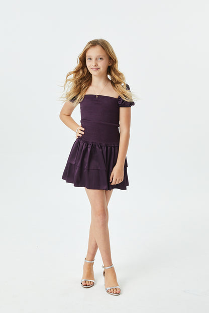 Lexi Aubergine Satin Smocked Short Sleeve Ruffle Dress