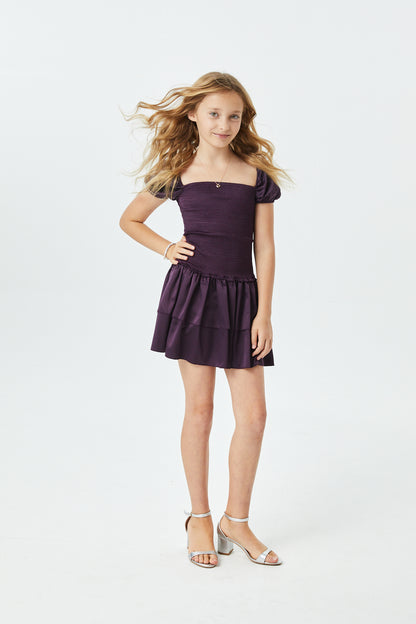 Lexi Aubergine Satin Smocked Short Sleeve Ruffle Dress