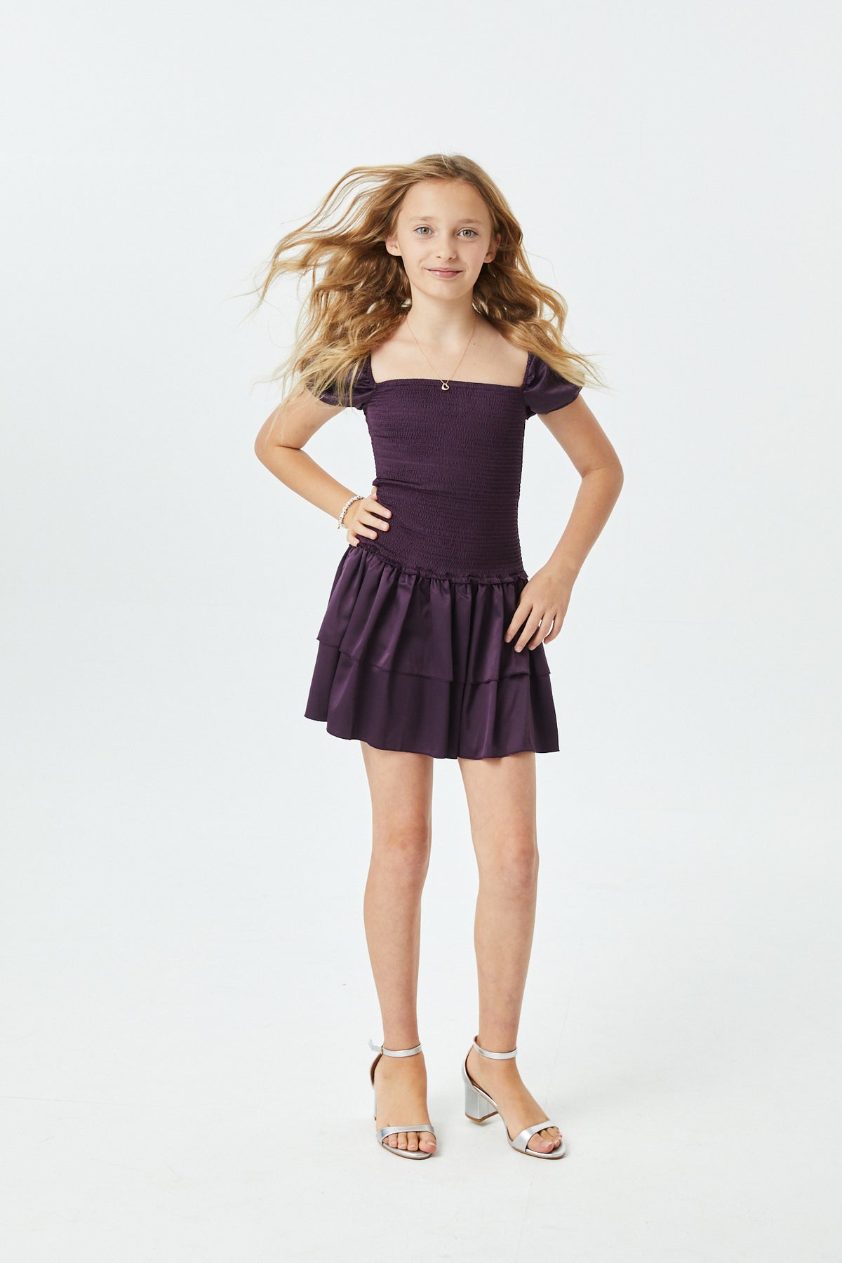 Lexi Aubergine Satin Smocked Short Sleeve Ruffle Dress