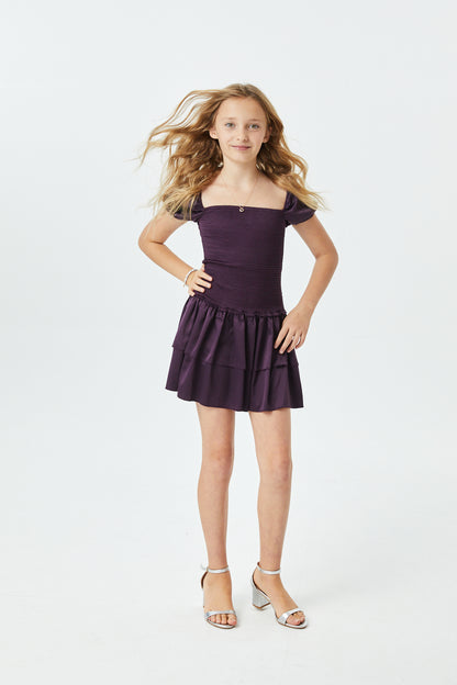 Lexi Aubergine Satin Smocked Short Sleeve Ruffle Dress