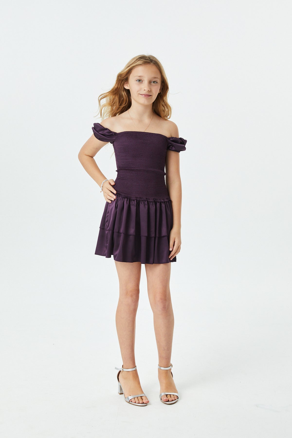 Lexi Aubergine Satin Smocked Short Sleeve Ruffle Dress
