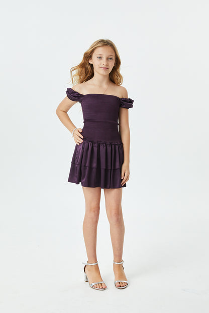 Lexi Aubergine Satin Smocked Short Sleeve Ruffle Dress