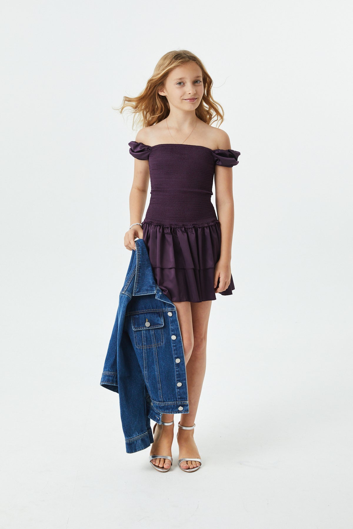 Lexi Aubergine Satin Smocked Short Sleeve Ruffle Dress