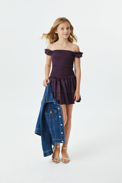 Lexi Aubergine Satin Smocked Short Sleeve Ruffle Dress