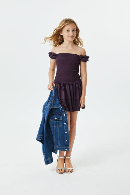 Lexi Aubergine Satin Smocked Short Sleeve Ruffle Dress