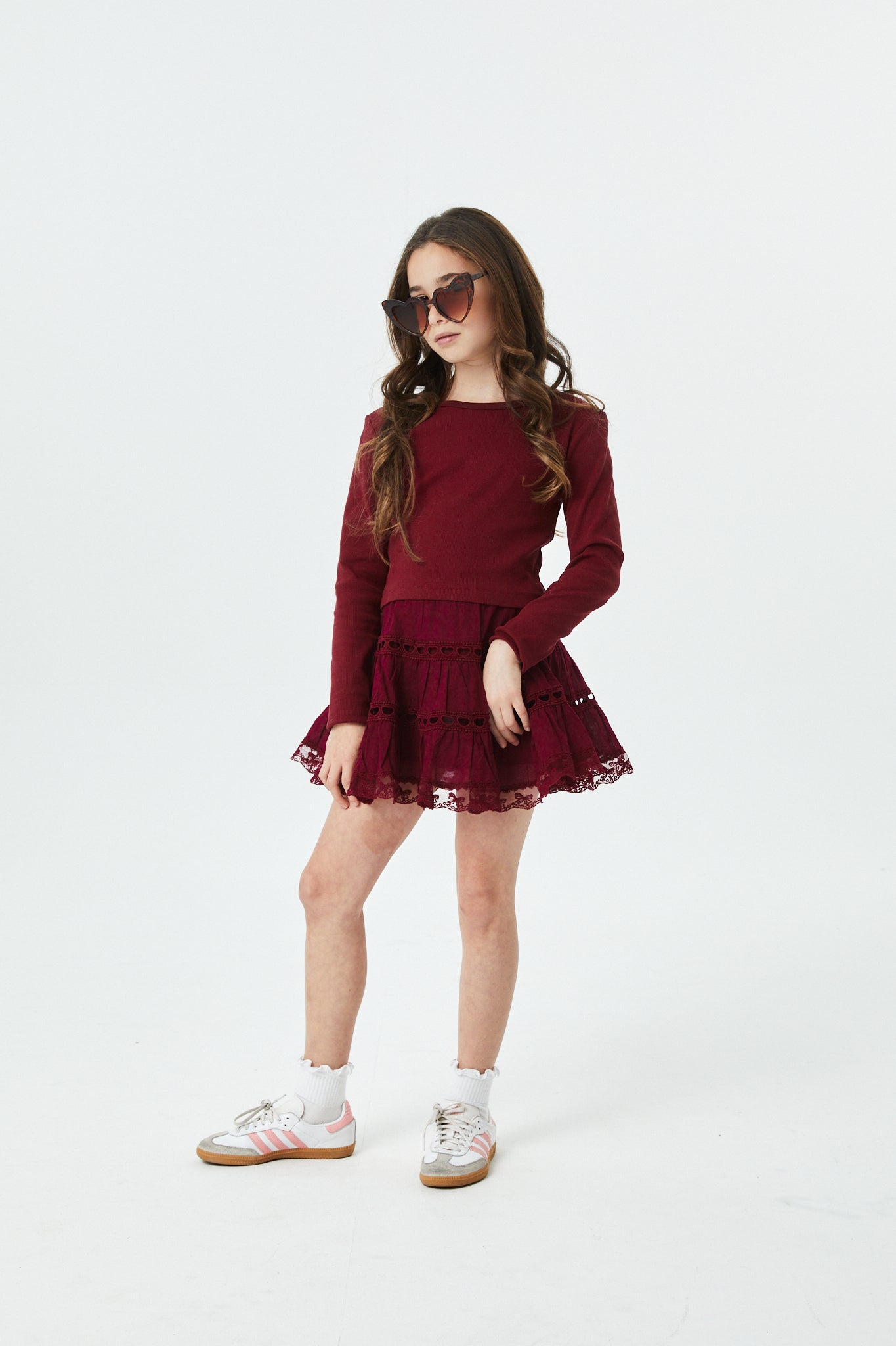 Sophia Merlot Cotton Lace Heart Bow Lace Mini Skirt