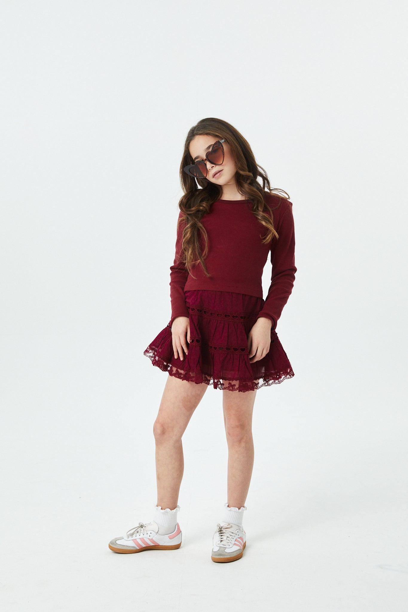 Sophia Merlot Cotton Lace Heart Bow Lace Mini Skirt