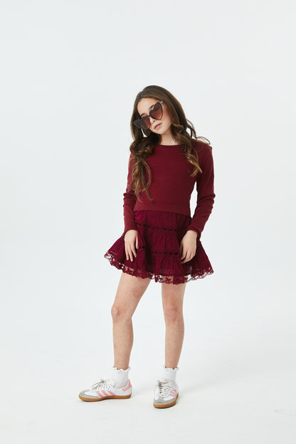 Sophia Merlot Cotton Lace Heart Bow Lace Mini Skirt