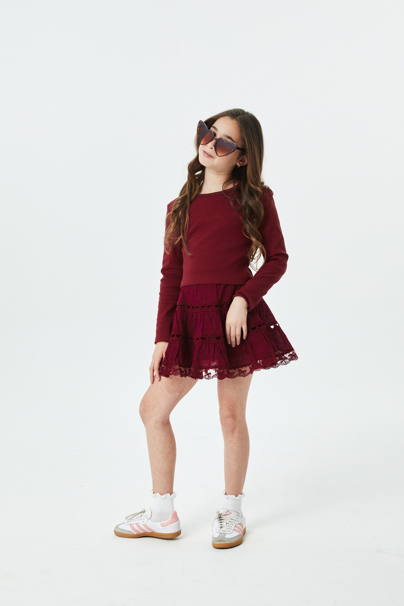 Sophia Merlot Cotton Lace Heart Bow Lace Mini Skirt