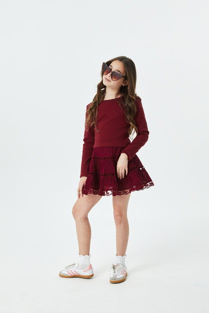 Sophia Merlot Cotton Lace Heart Bow Lace Mini Skirt