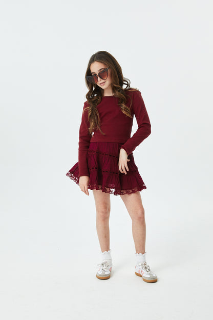 Sophia Merlot Cotton Lace Heart Bow Lace Mini Skirt