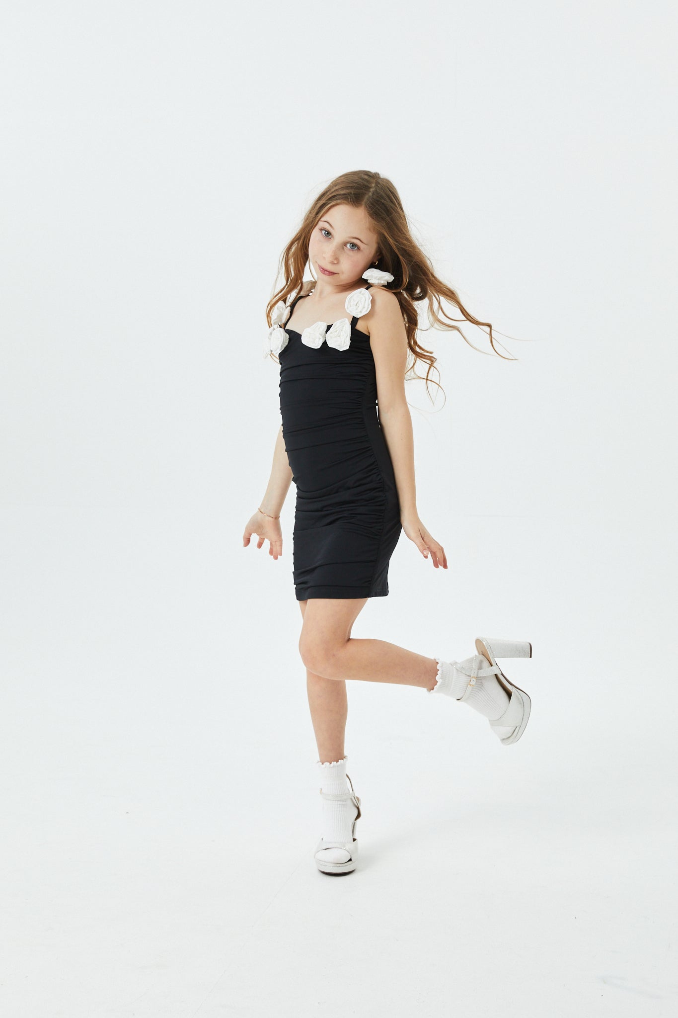 Cameron Black With White Roses Rose Off the Shoulder Mini Dress