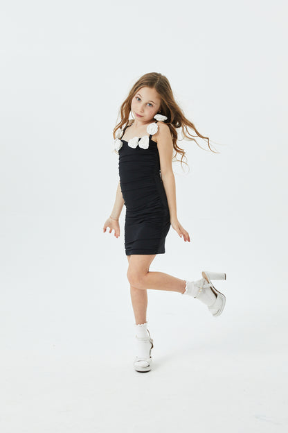 Cameron Black With White Roses Rose Off the Shoulder Mini Dress