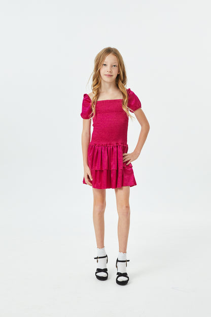 Lexi Berry Satin Smocked Short Sleeve Ruffle Dress