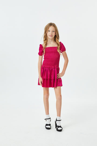 Lexi Berry Satin Smocked Short Sleeve Ruffle Dress