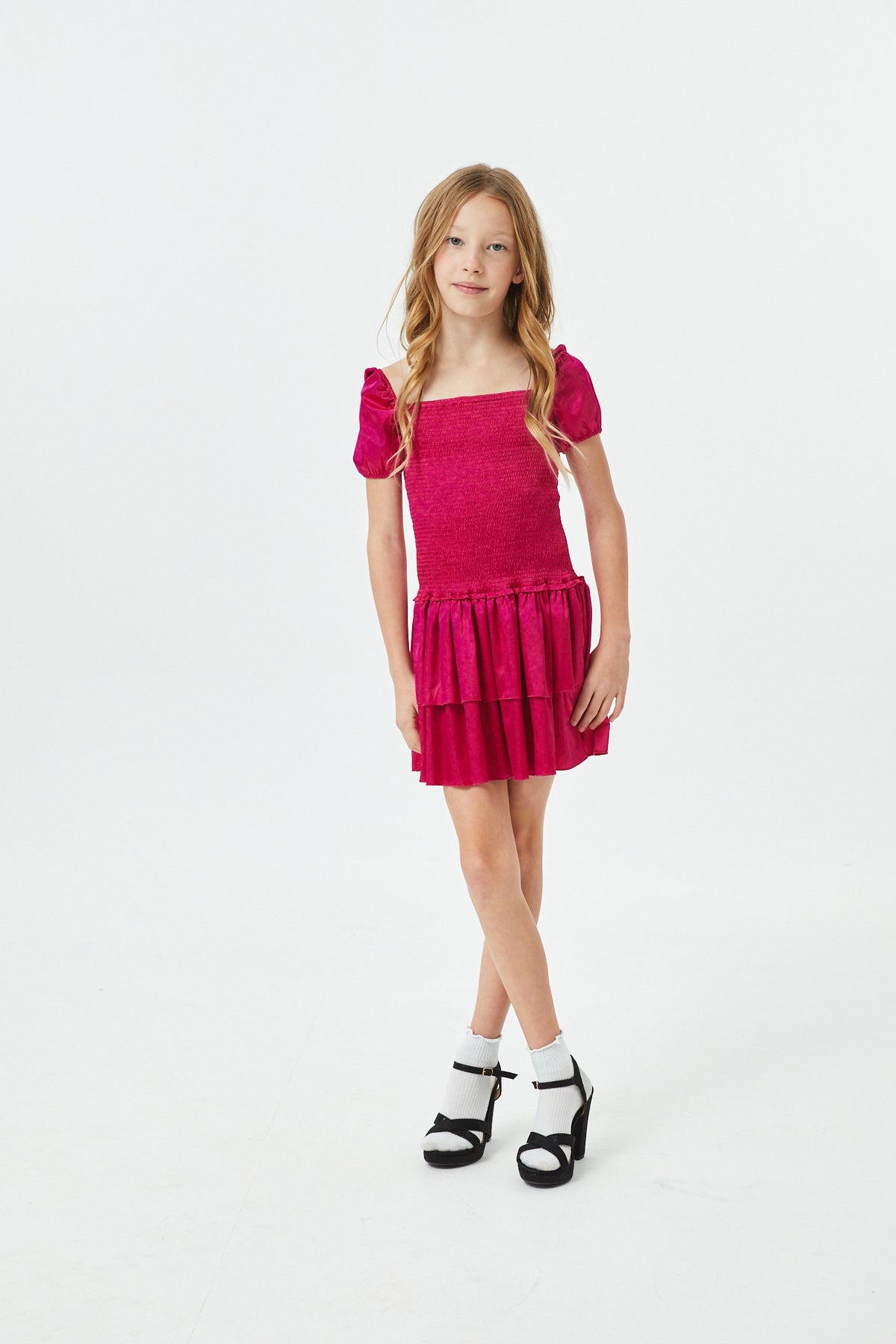 Lexi Berry Satin Smocked Short Sleeve Ruffle Dress