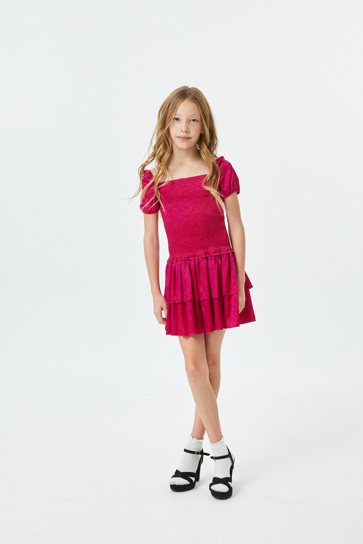 Lexi Berry Satin Smocked Short Sleeve Ruffle Dress