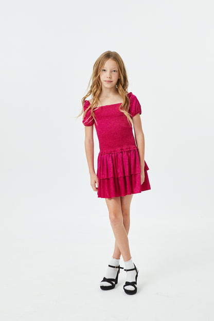 Lexi Berry Satin Smocked Short Sleeve Ruffle Dress