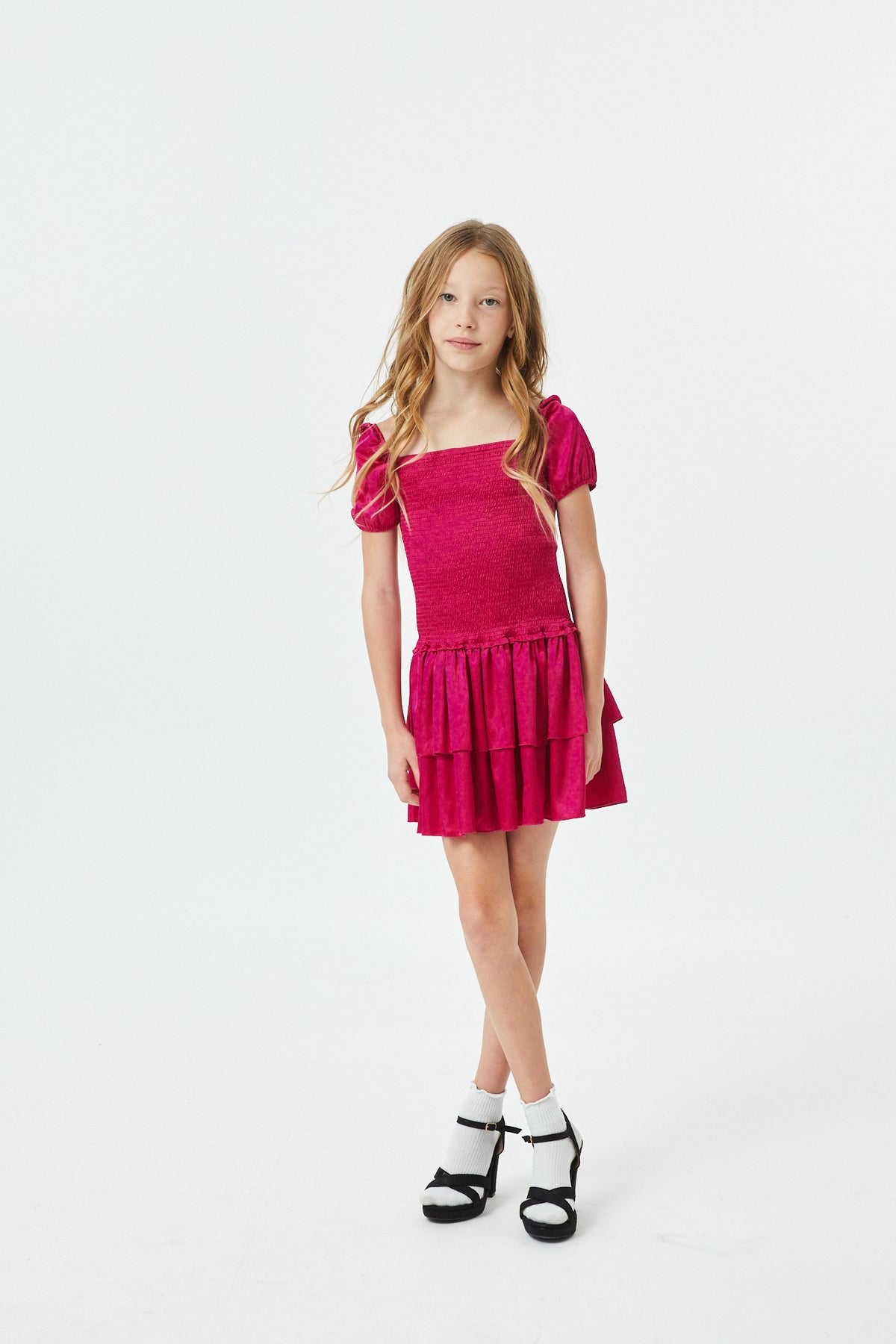 Lexi Berry Satin Smocked Short Sleeve Ruffle Dress