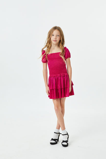 Lexi Berry Satin Smocked Short Sleeve Ruffle Dress