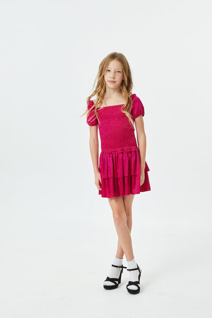 Lexi Berry Satin Smocked Short Sleeve Ruffle Dress