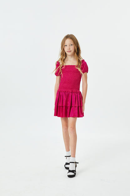 Lexi Berry Satin Smocked Short Sleeve Ruffle Dress