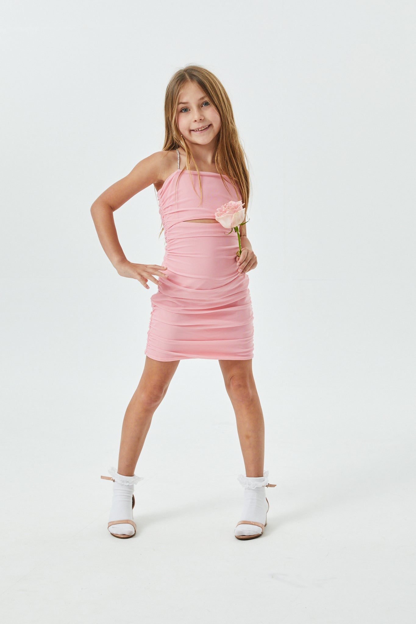 Liv Pastel Pink Mesh Reversible Cut Out Dress with silver straps