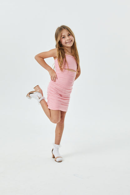 Liv Pastel Pink Mesh Reversible Cut Out Dress with silver straps