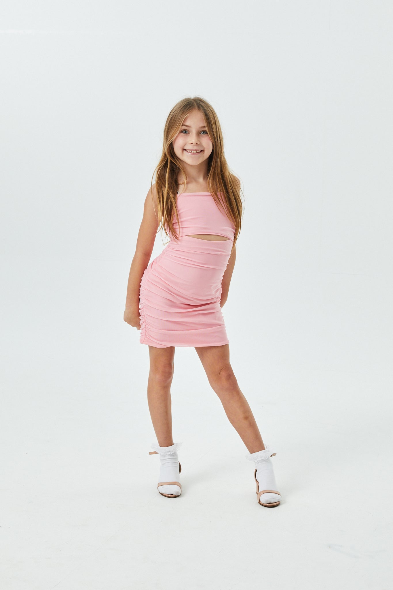 Liv Pastel Pink Mesh Reversible Cut Out Dress with silver straps