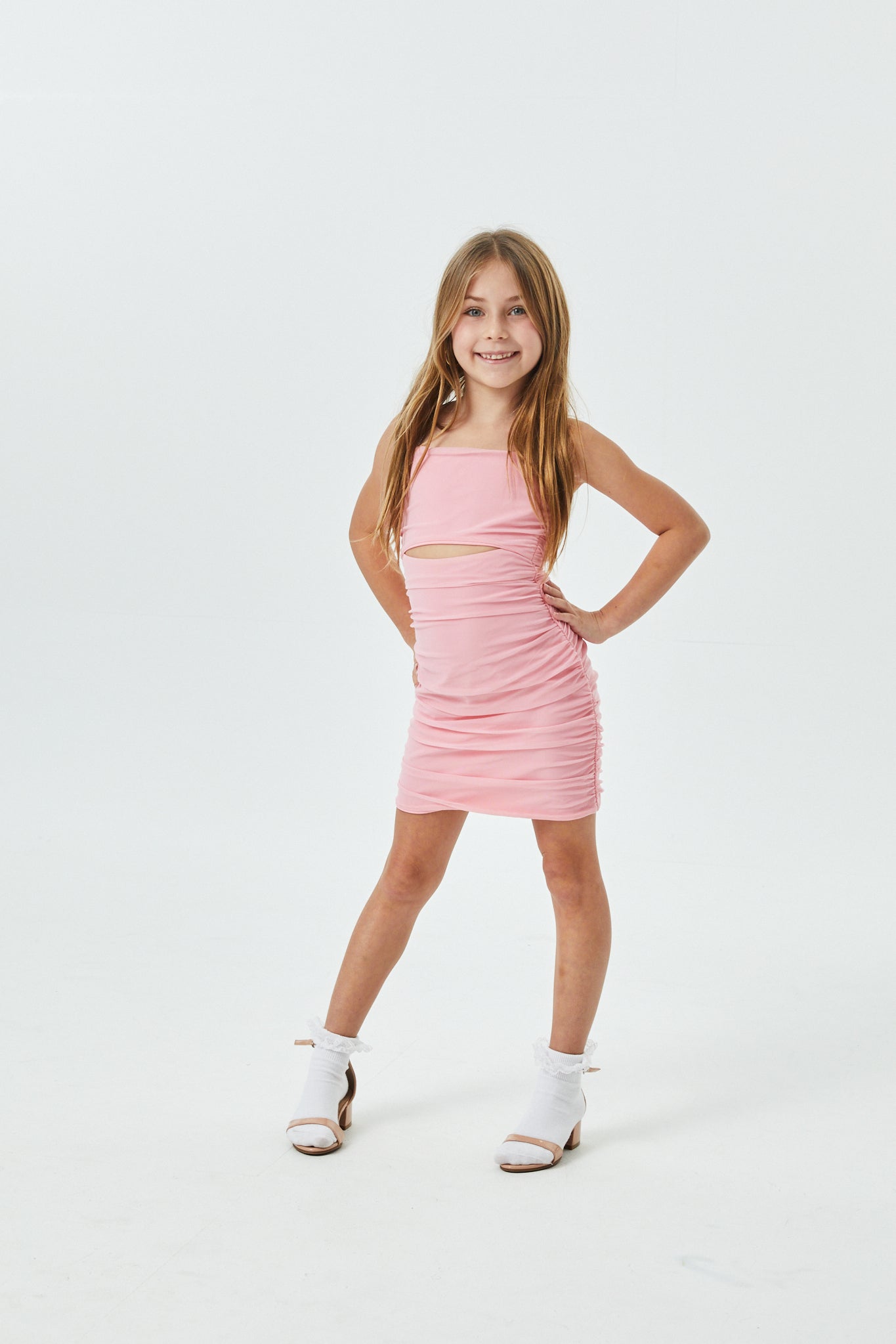 Liv Pastel Pink Mesh Reversible Cut Out Dress with silver straps