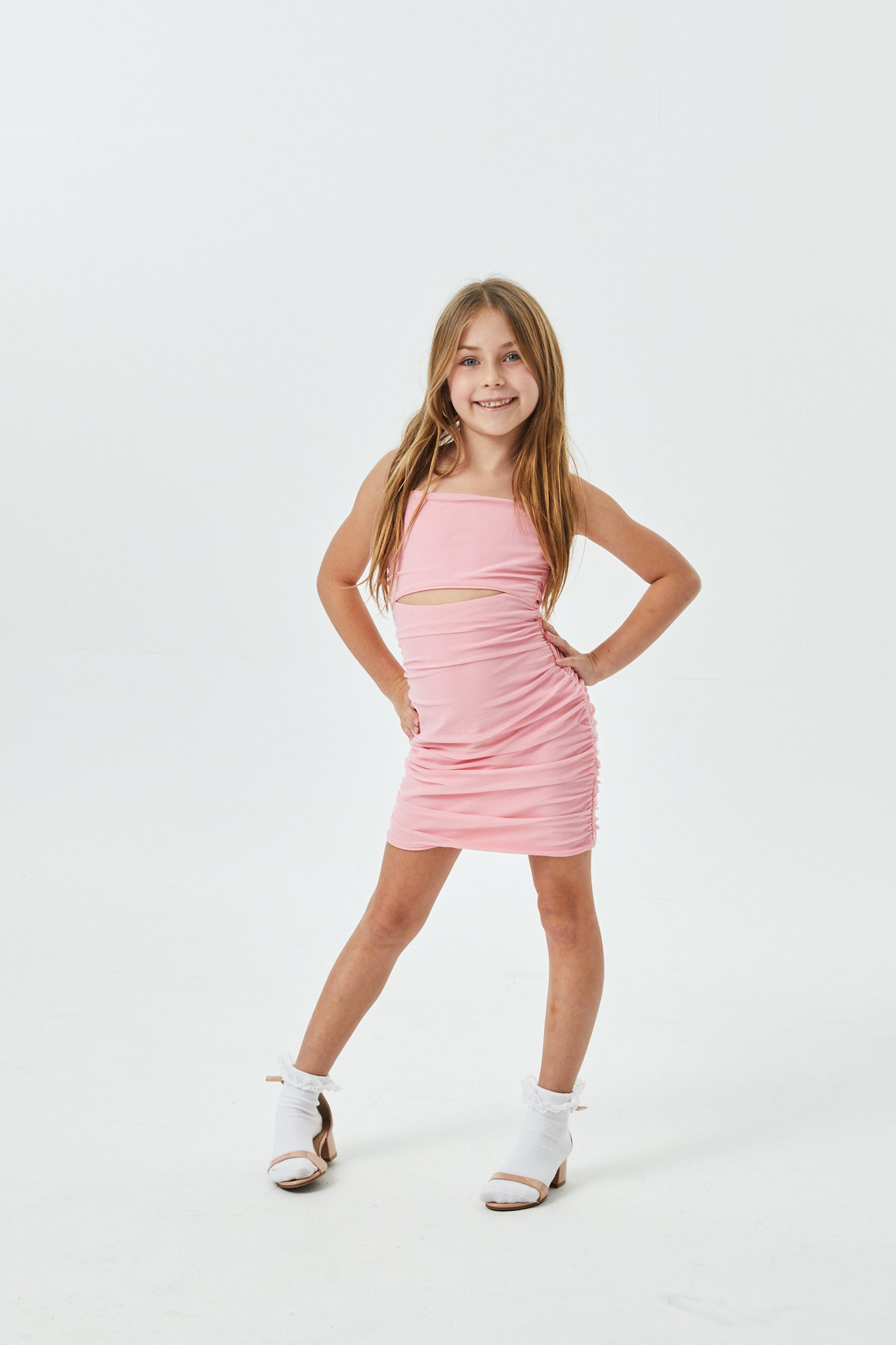 Liv Pastel Pink Mesh Reversible Cut Out Dress with silver straps