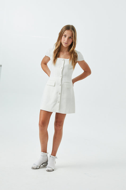 Zoe White Cap Sleeve Button Down Dress