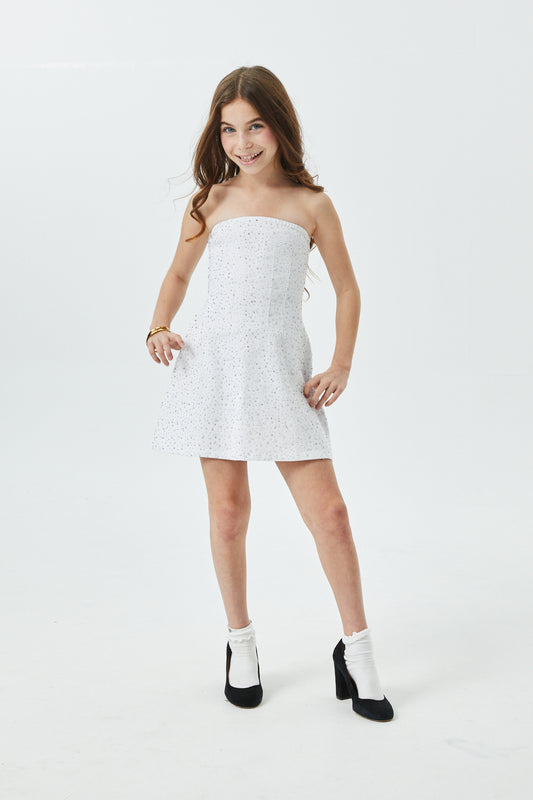 Demi White Denim Studded Crystal Strapless Dress