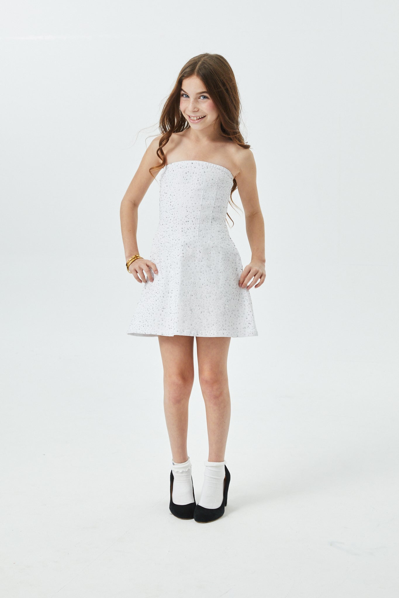 Demi White Denim Studded Crystal Strapless Dress