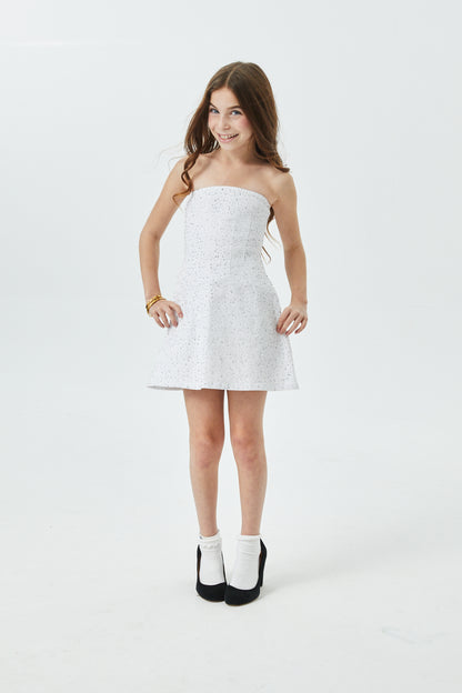 Demi White Denim Studded Crystal Strapless Dress